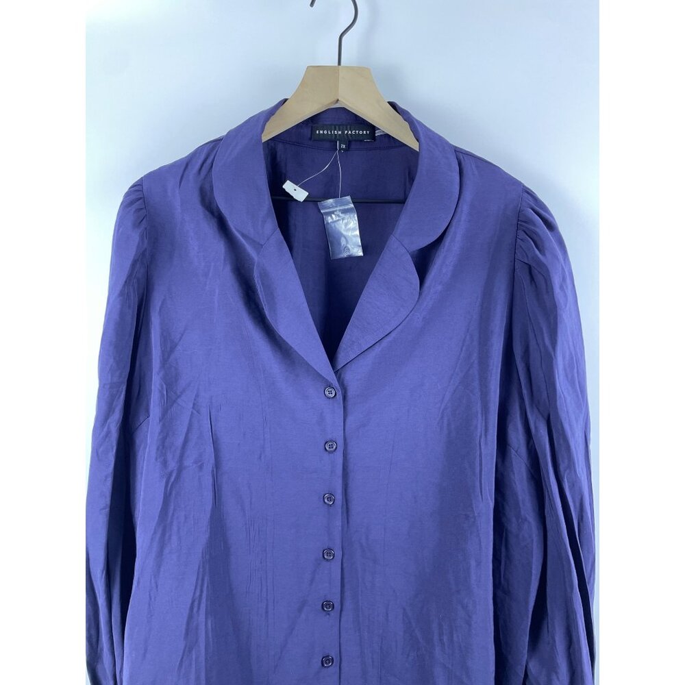 English Factory Women's 2X Plus Blouson Sleeve Collared Button Up Blouse Blue - Picture 3 of 10